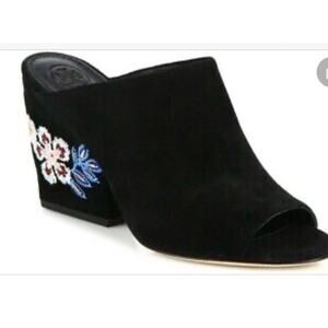 Tory Burch Black Suede Embroidered Chunky Heel MULE LIKE NEW Condition 10.5 M